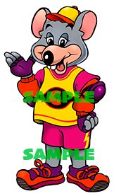 A cartoon illustration of a mouse character wearing a yellow and pink outfit, with a magnet and two stickers depicted in colorful design.